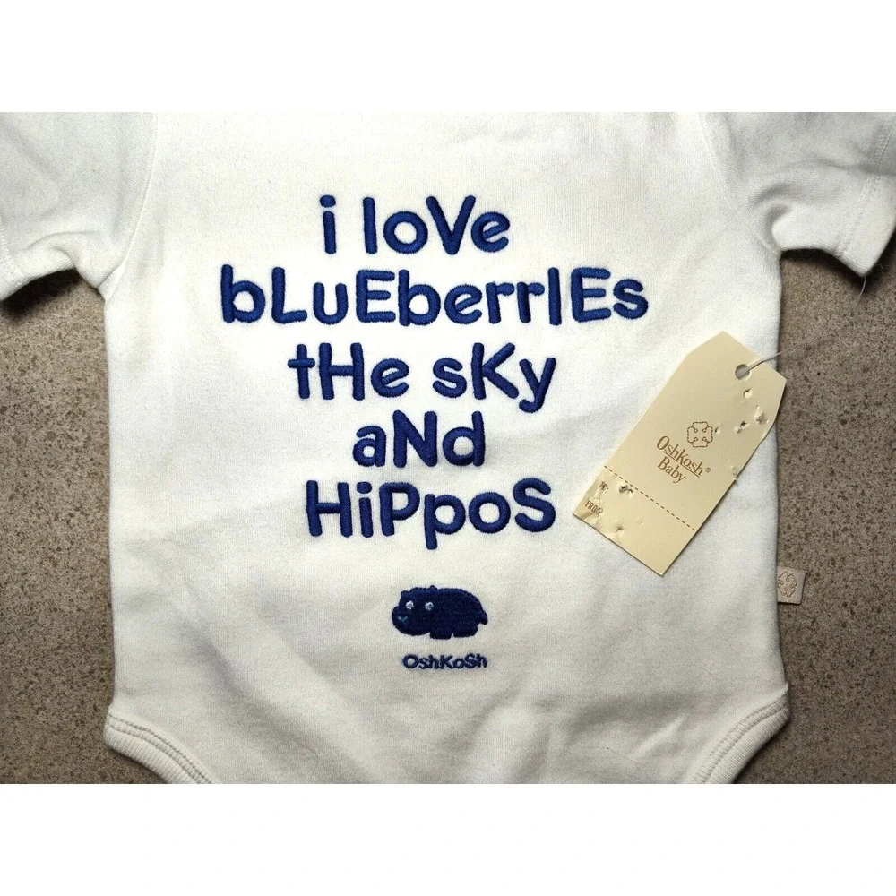 Vtg Oshkosh Baby 0 3 Mos Bodysuit I Love Blueberries The Sky And Hippos Blue 1pc